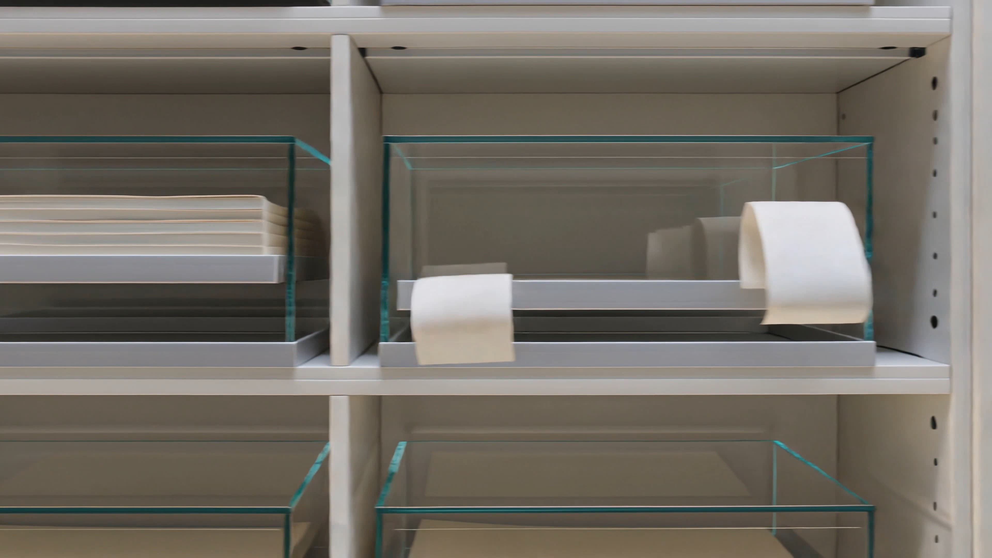 A white launch archive shelf holding glass trays, paper stacks, and inspection rolls.