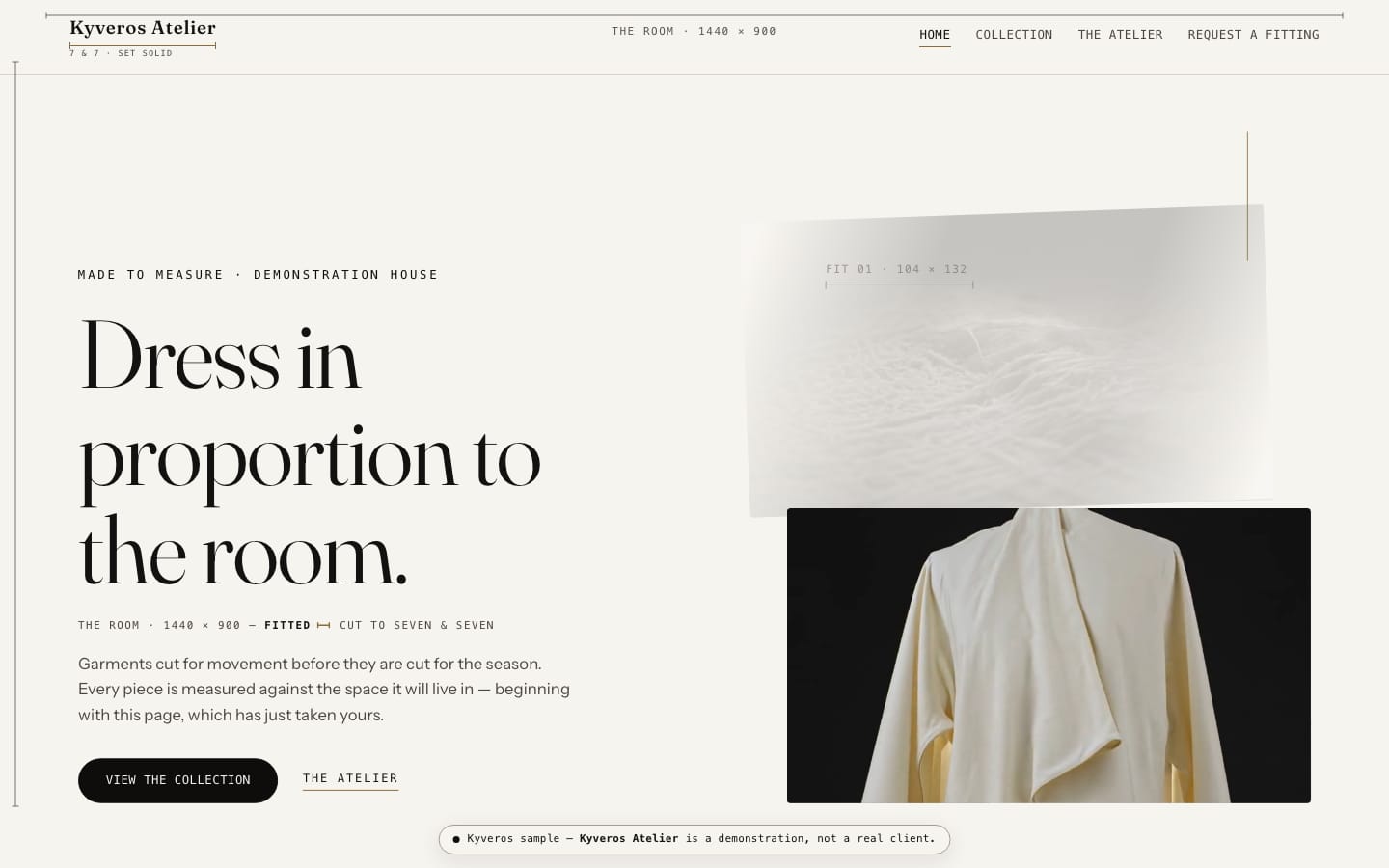 Kyveros Atelier homepage with editorial typography and a cream garment study.