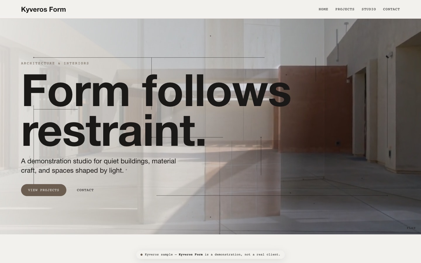 Kyveros Form homepage with restrained black typography over a sunlit architectural interior.