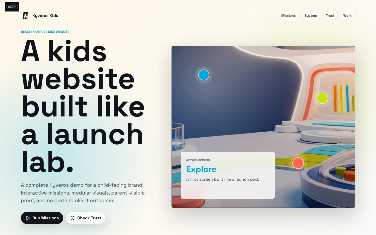 Kyveros Kids homepage with a colorful launch-lab interface and mission controls.