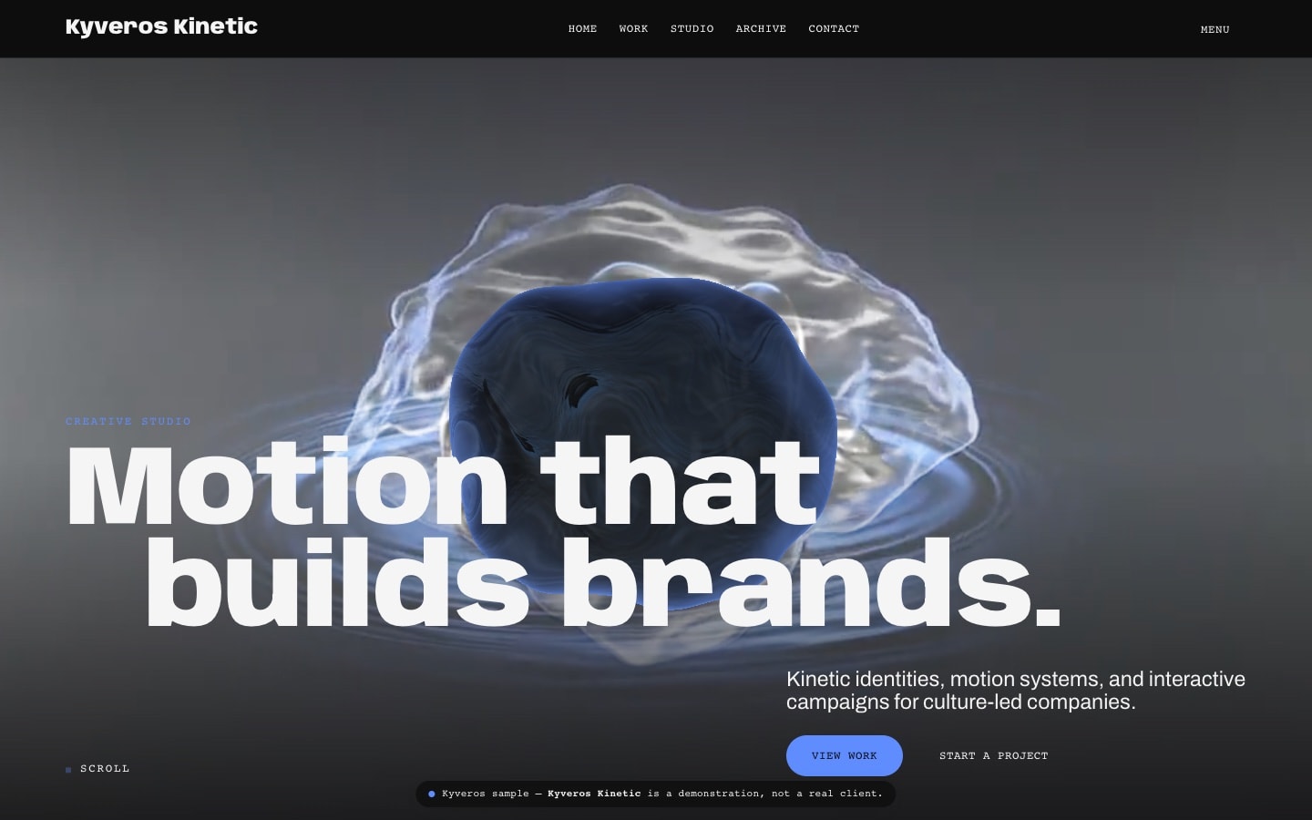 Kyveros Kinetic homepage with bold white type over a dark blue motion field.